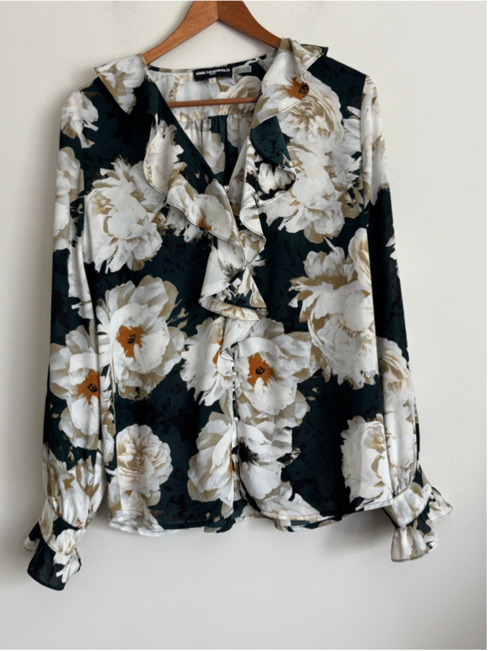 Karl Lagerfeld Floral Ruffle V Neck Blouse, Size L, Black Green and White Floral